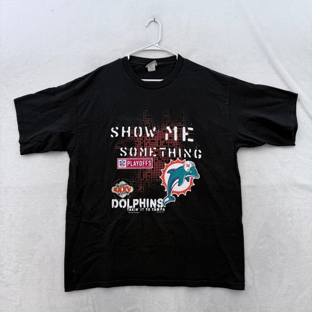 Vintage Miami Dolphins T Shirt Mens XL Black Superbowl XXXV Playoff NFL Football